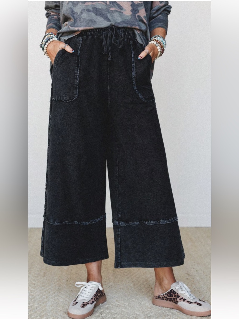 Three Bird Nest Washed Charcoal Palazzo Wide Leg Lounge Pants Size M Medium